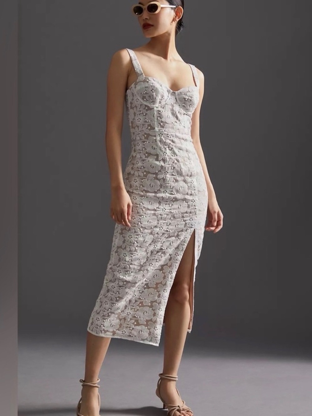 Anthropologie White Lace Midi Dress with Floral Overlay